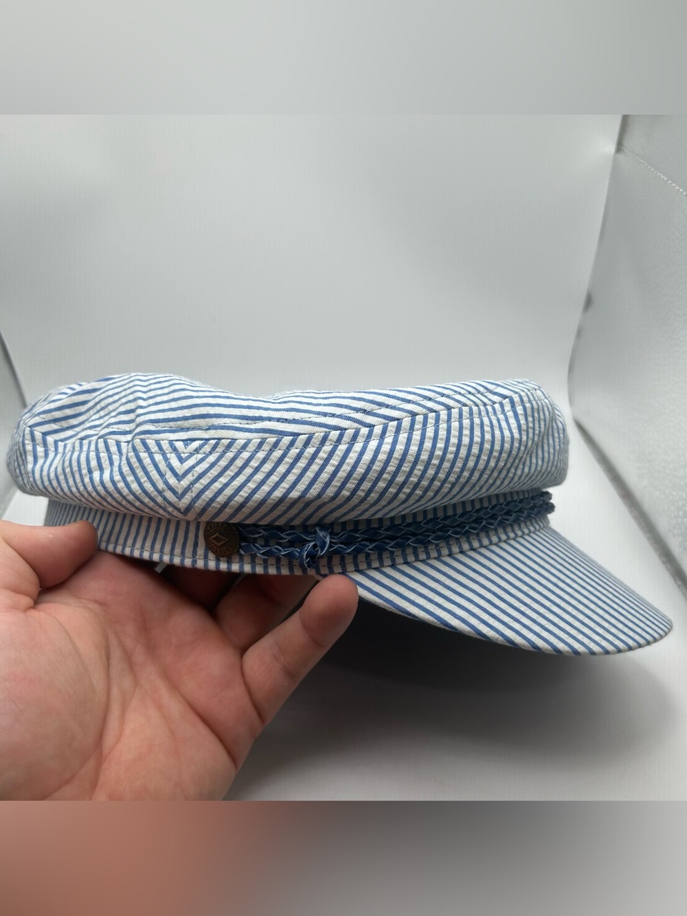 Brixton Hat Fiddler Fisherman Newsboy Cap Mens 7 1/2 - 7 5/8 Rope Striped Blue